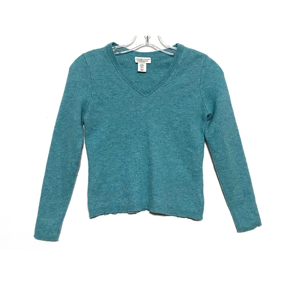 Adrienne Vittadini V Neck Sweater 100% 2 Ply Cashmere Blue Pullover Girls XL